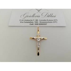 CIONDOLO CROCE Sacra CROCEFISSO CRISTO Pendente In ORO 18 Kt 750% Giallo Bianco - 1