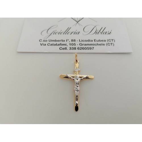 CIONDOLO CROCE Sacra CROCEFISSO CRISTO Pendente In ORO 18 Kt 750% Giallo Bianco - 1