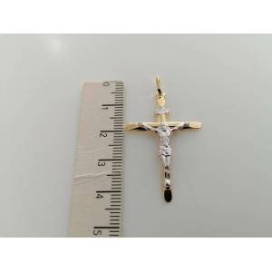 CIONDOLO CROCE Sacra CROCEFISSO CRISTO Pendente In ORO 18 Kt 750% Giallo Bianco - 1 2