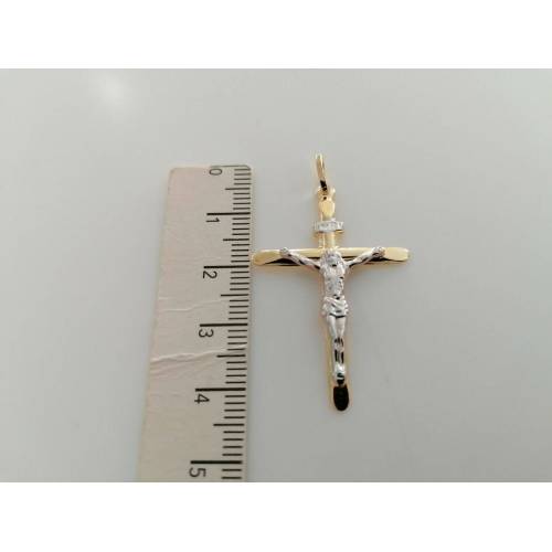 CIONDOLO CROCE Sacra CROCEFISSO CRISTO Pendente In ORO 18 Kt 750% Giallo Bianco - 2