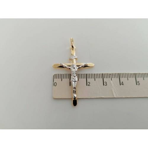 CIONDOLO CROCE Sacra CROCEFISSO CRISTO Pendente In ORO 18 Kt 750% Giallo Bianco - 3