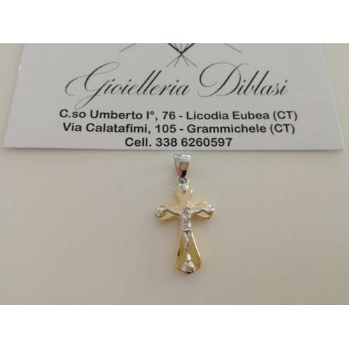 CIONDOLO CROCEFISSO CRISTO Pendente Oro 18 Kt 750% CROCE SACRA Giallo e Bianco - 1