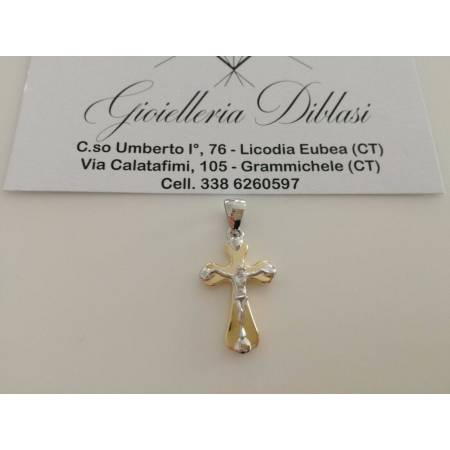 CIONDOLO CROCEFISSO CRISTO Pendente Oro 18 Kt 750% CROCE SACRA Giallo e Bianco - 1