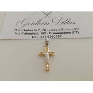 CIONDOLO CROCE Sacra CROCEFISSO CRISTO Pendente Oro 18 Kt 750% Giallo e Bianco - 1