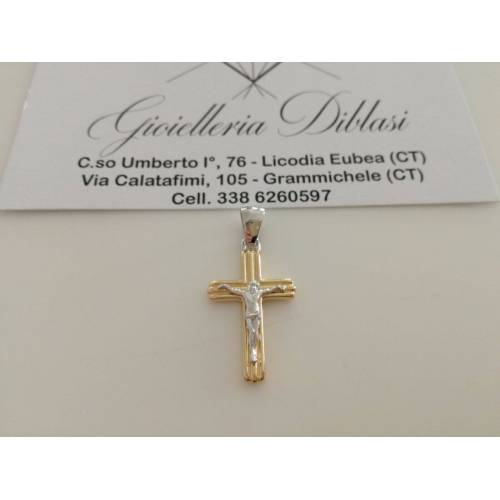 CIONDOLO CROCE Sacra CROCEFISSO CRISTO Pendente Oro 18 Kt 750% Giallo e Bianco - 1