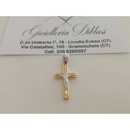 CIONDOLO CROCE Sacra CROCEFISSO CRISTO Pendente Oro 18 Kt 750% Giallo e Bianco - 1