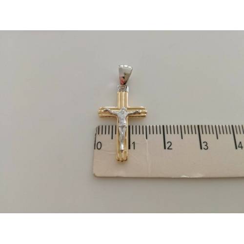 CIONDOLO CROCE Sacra CROCEFISSO CRISTO Pendente Oro 18 Kt 750% Giallo e Bianco - 2