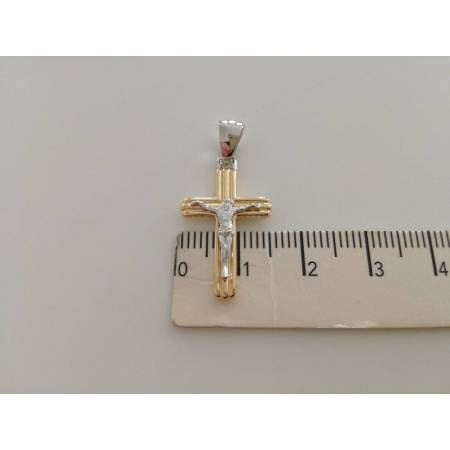 CIONDOLO CROCE Sacra CROCEFISSO CRISTO Pendente Oro 18 Kt 750% Giallo e Bianco - 2
