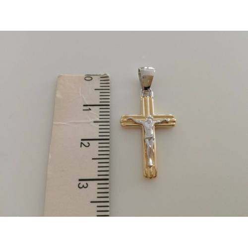 CIONDOLO CROCE Sacra CROCEFISSO CRISTO Pendente Oro 18 Kt 750% Giallo e Bianco - 3