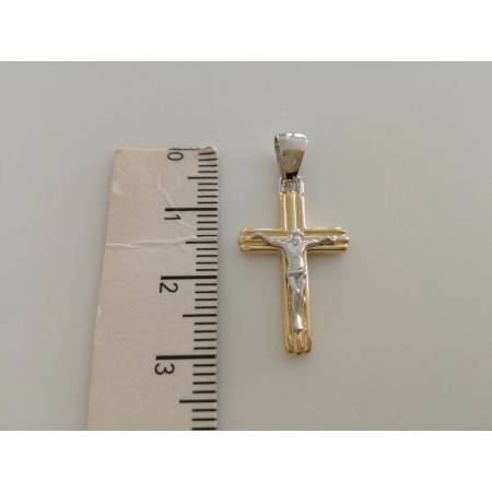 CIONDOLO CROCE Sacra CROCEFISSO CRISTO Pendente Oro 18 Kt 750% Giallo e Bianco - 3