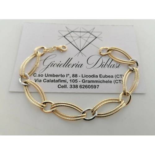 BRACCIALE Donna In ORO 18 Karati 750% Bicolore GIALLO BIANCO Maglia Ovali CATENA - 1