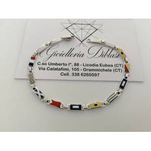 BRACCIALE Uomo In ORO BIANCO 18 Karati 750%1000 Maglia Con Bandierine Colorate - 1
