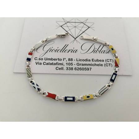 BRACCIALE Uomo In ORO BIANCO 18 Karati 750%1000 Maglia Con Bandierine Colorate - 1
