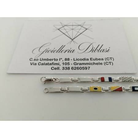 BRACCIALE Uomo In ORO BIANCO 18 Karati 750%1000 Maglia Con Bandierine Colorate - 2