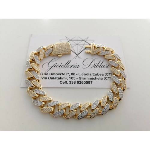BRACCIALE ORO 18Kt 750% Uomo Donna GIALLO BIANCO Catena GRUMETTA Zaffiri Bianchi - 1