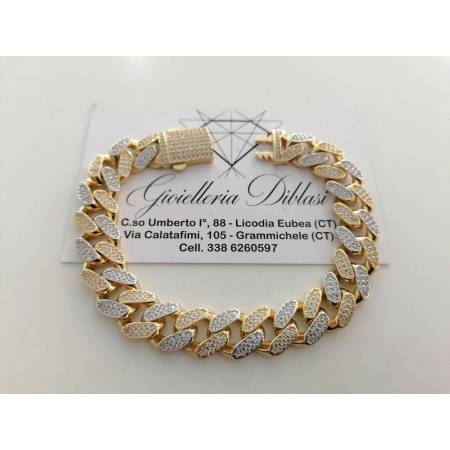 BRACCIALE ORO 18Kt 750% Uomo Donna GIALLO BIANCO Catena GRUMETTA Zaffiri Bianchi - 1