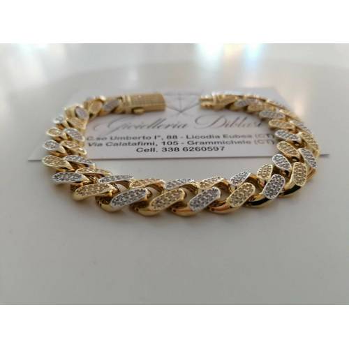 BRACCIALE ORO 18Kt 750% Uomo Donna GIALLO BIANCO Catena GRUMETTA Zaffiri Bianchi - 2