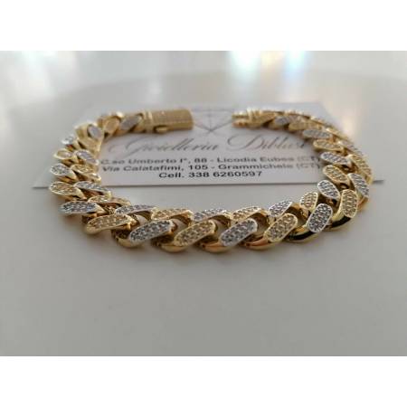 BRACCIALE ORO 18Kt 750% Uomo Donna GIALLO BIANCO Catena GRUMETTA Zaffiri Bianchi - 2
