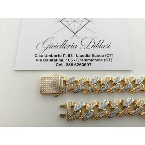 BRACCIALE ORO 18Kt 750% Uomo Donna GIALLO BIANCO Catena GRUMETTA Zaffiri Bianchi - 3