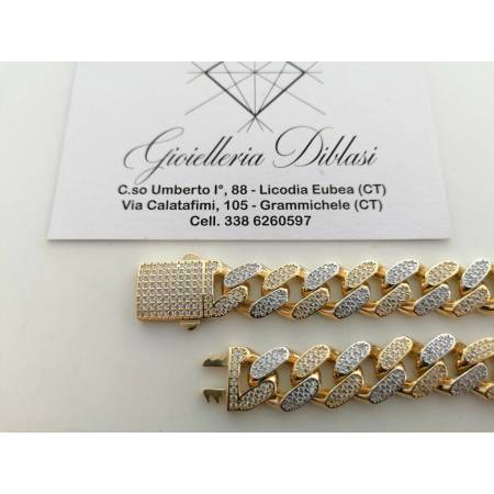 BRACCIALE ORO 18Kt 750% Uomo Donna GIALLO BIANCO Catena GRUMETTA Zaffiri Bianchi - 3
