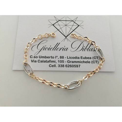 BRACCIALE ORO 18 Kt 750% Donna Bicolore GIALLO BIANCO Maglia A Catena Con Ovali - 1