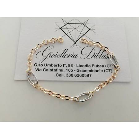 BRACCIALE ORO 18 Kt 750% Donna Bicolore GIALLO BIANCO Maglia A Catena Con Ovali - 1