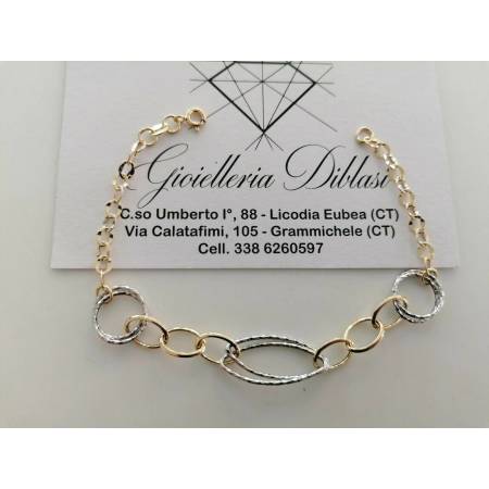BRACCIALE ORO 18 Kt 750% Donna Bicolore GIALLO BIANCO Maglia A Catena Con Ovali - 1