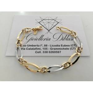 BRACCIALE ORO 18 Kt 750% Donna Bicolore GIALLO BIANCO Maglia A Catena Con Ovali - 1