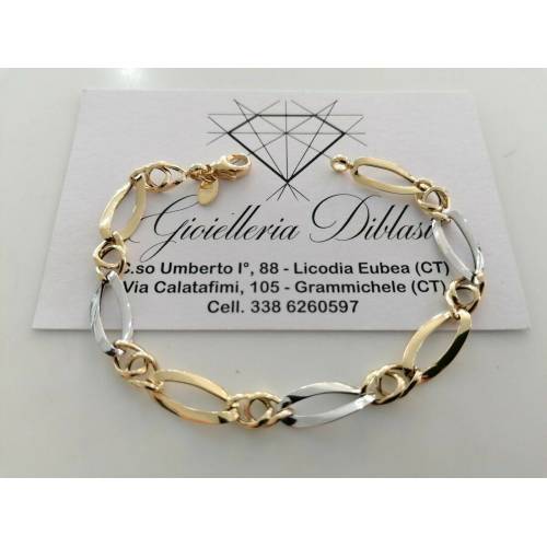BRACCIALE ORO 18 Kt 750% Donna Bicolore GIALLO BIANCO Maglia A Catena Con Ovali - 1