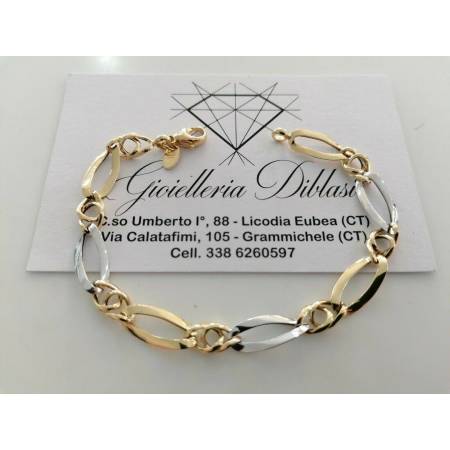 BRACCIALE ORO 18 Kt 750% Donna Bicolore GIALLO BIANCO Maglia A Catena Con Ovali - 1