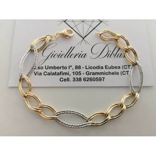 BRACCIALE ORO 18 Kt 750% Donna Bicolore GIALLO BIANCO Maglia A Catena Con Ovali - 1