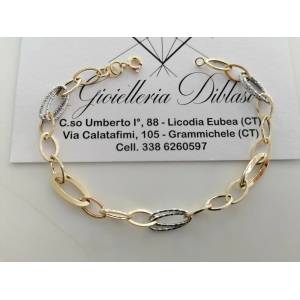 BRACCIALE ORO 18 Kt 750% Donna Bicolore GIALLO BIANCO Maglia A Catena Con Ovali - 1
