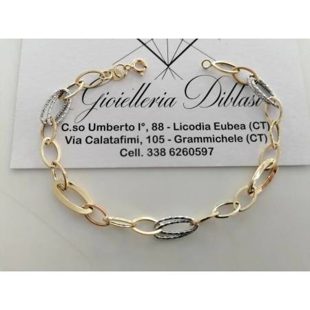 BRACCIALE ORO 18 Kt 750% Donna Bicolore GIALLO BIANCO Maglia A Catena Con Ovali - 1