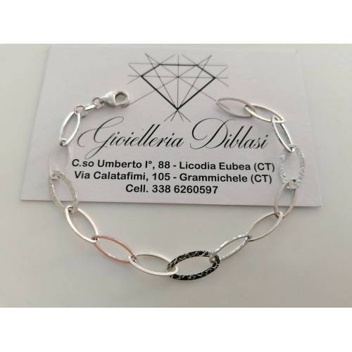 BRACCIALE ORO BIANCO Donna 18 Karati 750% Maglia Lucida CATENA Larga Con Ovali - 1