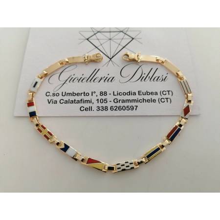 BRACCIALE Uomo ORO GIALLO 18 Karati 750% Semirigido Maglia Smaltata Con Bandiere - 1