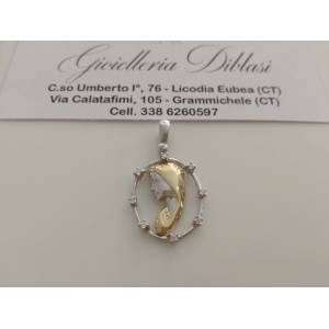 MEDAGLIA CIONDOLO PENDENTE MADONNA IN ORO BICOLORE E ZAFFIRI (18 KT 750%) - 1