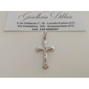 CIONDOLO Oro 18 Kt 750% CROCE Sacra CROCEFISSO CRISTO Pendente Oro Bianco Italy - 1