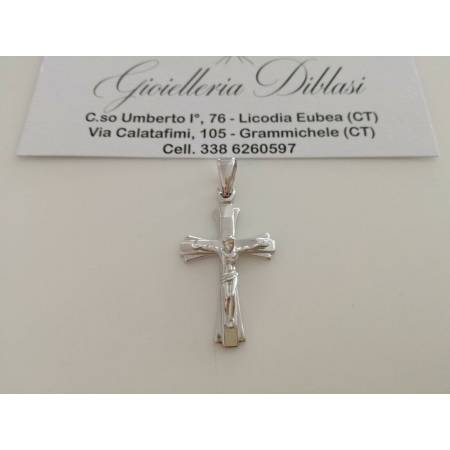 CIONDOLO Oro 18 Kt 750% CROCE Sacra CROCEFISSO CRISTO Pendente Oro Bianco Italy - 1