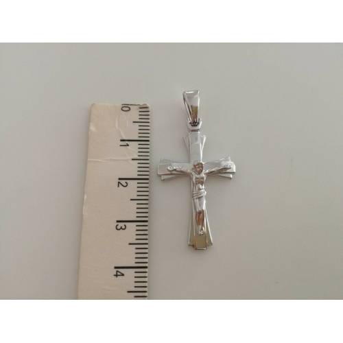 CIONDOLO Oro 18 Kt 750% CROCE Sacra CROCEFISSO CRISTO Pendente Oro Bianco Italy - 3