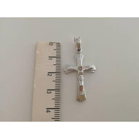 CIONDOLO Oro 18 Kt 750% CROCE Sacra CROCEFISSO CRISTO Pendente Oro Bianco Italy - 3