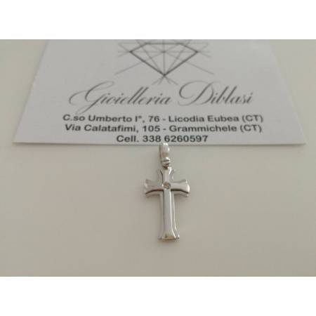 CIONDOLO CROCE Oro 18 Kt 750% Oro Bianco e Diamante CROCEFISSO Pendente Italy - 1