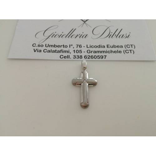 CIONDOLO CROCE Pendente Oro 18 Karati 750% Oro Bianco e Diamante made in Italia - 1
