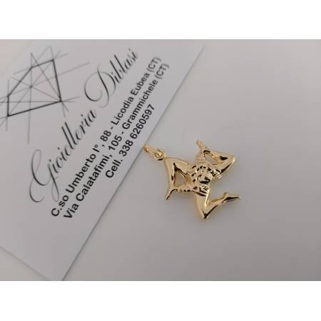 CIONDOLO PENDENTE TRINACRIA SICILIANA IN ORO GIALLO 18 KARATI 750% Made In Italy