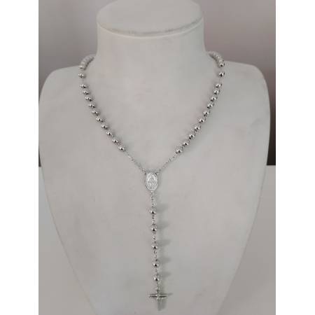 COLLANA ROSARIO ORO BIANCO 750 18K UNISEX MEDAGLIA MIRACOLOSA CROCE SFERE LUCIDE