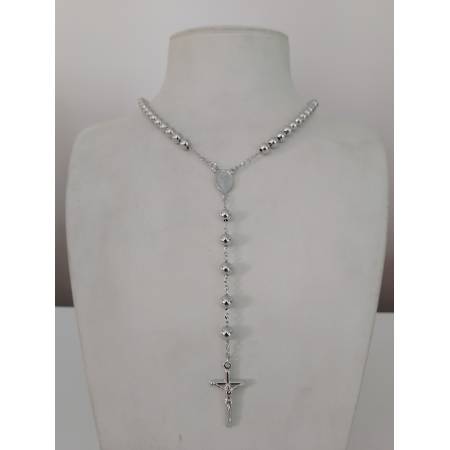 COLLANA ROSARIO ORO BIANCO 750 18K UNISEX MEDAGLIA MIRACOLOSA CROCE SFERE LUCIDE