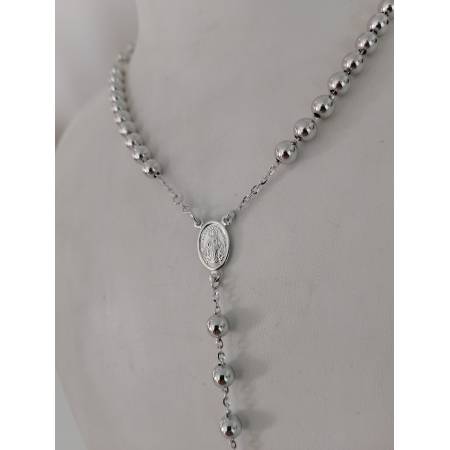 COLLANA ROSARIO ORO BIANCO 750 18K UNISEX MEDAGLIA MIRACOLOSA CROCE SFERE LUCIDE