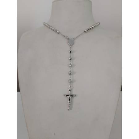 COLLANA ROSARIO ORO BIANCO 750 18K UNISEX MEDAGLIA MIRACOLOSA CROCE SFERE LUCIDE