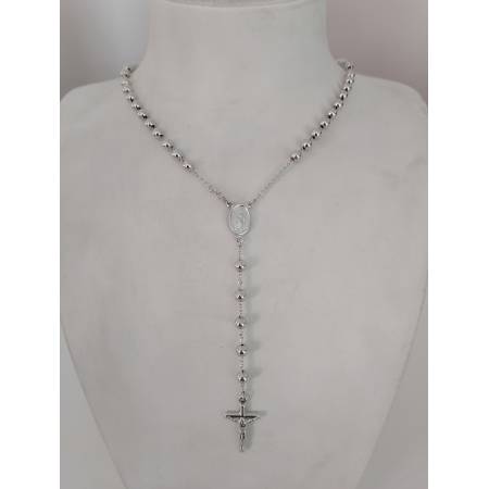 COLLANA ROSARIO ORO BIANCO 750 18K UNISEX MEDAGLIA MIRACOLOSA CROCE SFERE LUCIDE