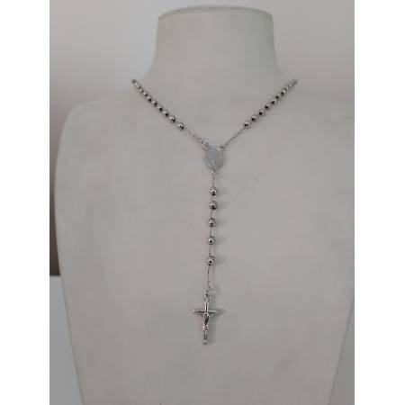 COLLANA ROSARIO ORO BIANCO 750 18K UNISEX MEDAGLIA MIRACOLOSA CROCE SFERE LUCIDE