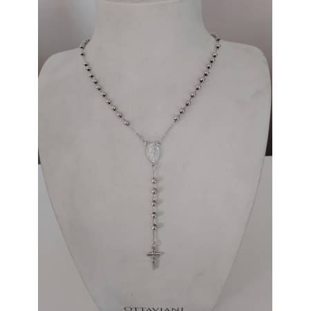 COLLANA ROSARIO ORO BIANCO 750 18K UNISEX MEDAGLIA MIRACOLOSA CROCE SFERE LUCIDE